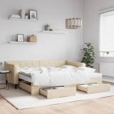 Cumpara ieftin Pat de zi cu extensie și sertare, crem, 90x200 cm, textil