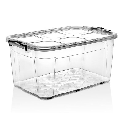 Cutie depozitare 80L cu capac si roti din plastic transparenta 478x750x370mm foto