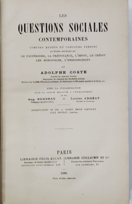 LES QUESTIONS SOCIALES CONTEMPORAINES par ADOLPHE COSTE , 1886 foto