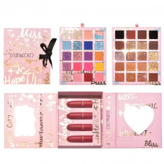 Set cosmetice Kevin&Coco, 4 Lip gloss, paleta farduri 40 culori nuante nude / rose, cutie cadou, Fara Sulfati, Pudra Compacta, Clasic, 17 x 14 x 5 cm,