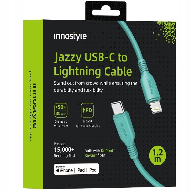 Innostyle Jazzy Jazzy Usb-C Lightning Mfi Cablu De &Icirc;ncărcare Rapidă Pentru Iphone Kevlar 1M Verde