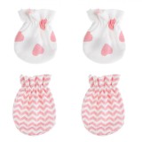 Set 2 Perechi Mănuși Bumbac Bebe Alb Roz - Protecție Zg&acirc;rieturi, Model Inimi &amp; Zigzag, Mărime Universală