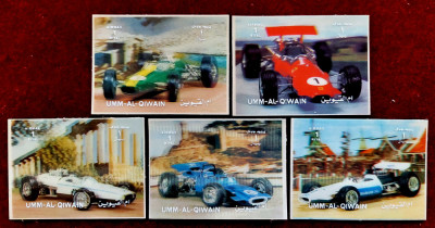 ✅(S3) 1972 UMM Al Qiwain , &amp;quot;Masini de curse&amp;quot; timbre 3D 5.60x4.10 cm , serie,MNH foto