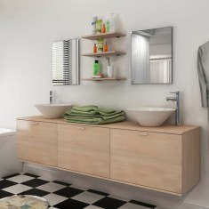 Set mobilier baie 10 piese cu chiuvete și robinete incluse, Bej foto