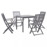 Set mobilier gradina vidaXL, 5 piese, lemn masiv acacia, gri, masa pliabila 80x80 cm, 4 scaune pliabile, rezistent intemperii
