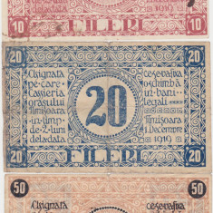 ROMANIA ASIGNATA TIMISOARA 10, 20, 50 FILERI 1919 F, VF