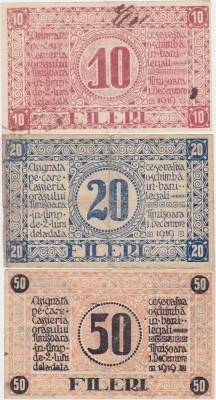 ROMANIA ASIGNATA TIMISOARA 10, 20, 50 FILERI 1919 F, VF foto