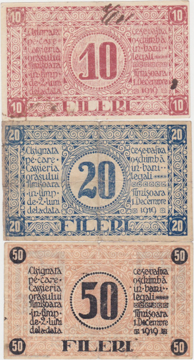 ROMANIA ASIGNATA TIMISOARA 10, 20, 50 FILERI 1919 F, VF