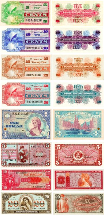 REPRODUCERI lot de 8 bancnote serie 661 MILITARY PAYMENT CERTIFICATES