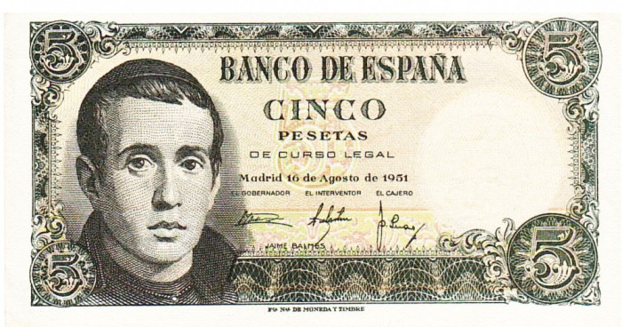 Spania 5 Pesetas 1951 P-140a aUNC Seria 6253933