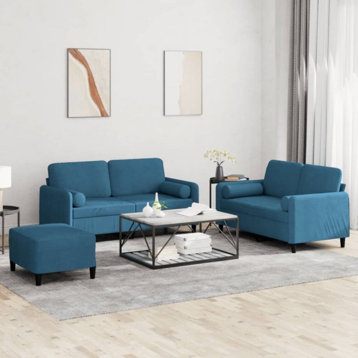 vidaXL Set de canapele cu perne, 3 piese, albastru, catifea