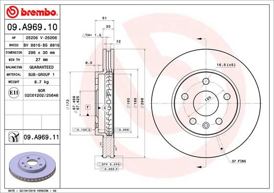 BREMBO 09.A969.11 PRIME LINE - UV Coated Disc frana