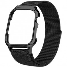 Curea iUni compatibila cu Apple Watch 1/2/3/4/5/6/7, 38mm, Milanese Loop, carcasa protectie incorporata, Black foto