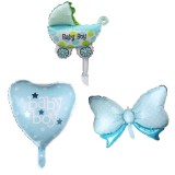 Set 3 Baloane din Folie Metalizata, Flippy, Figurine Carucior, Inima, Fundita, Tema Botez, 45 cm, Ambalaj Individual, Pai Inclus, Umflare cu Aer sau H, Oem
