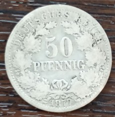 (A903) MONEDA DIN ARGINT GERMANIA - 50 PFENNIG 1877, LIT. D (MUNCHEN), WILHELM I, MAI RARA