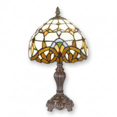 Lampa de masa Tiffany cu abajur alb cu arabescuri maro TA-146