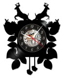 Ceas de perete decorativ &ldquo;Deer Family&rdquo;, lucrat manual din disc de vinil (Vinyl Record), design natura si animale, Negru