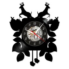 Ceas de perete decorativ &ldquo;Deer Family&rdquo;, lucrat manual din disc de vinil (Vinyl Record), design natura si animale, Negru
