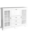 Comoda living cu vitrina VM6, o usa rabatabila pentru bar, 2 usi fixe, 3 sertare, Pal melaminat, cu insertii MDF, Alb Antichizat