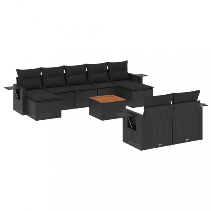 Set canapele de gradina cu perne, 10 piese, negru, poliratan
