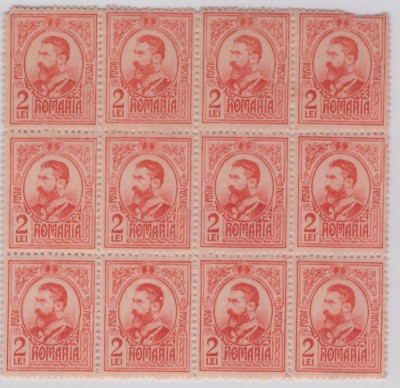 RO-222-ROMANIA 1908-Lp 66h-Uzuale GRAVATE-2 lei bloc de 12 timbre nestampilate foto