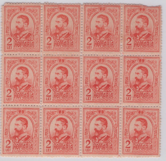 RO-222-ROMANIA 1908-Lp 66h-Uzuale GRAVATE-2 lei bloc de 12 timbre nestampilate