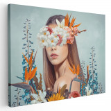 Tablou fantezie femeie cu flori pe cap si ochi, albastru 1358 Tablou canvas pe panza CU RAMA 30x40 cm