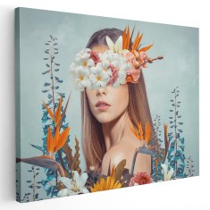 Tablou fantezie femeie cu flori pe cap si ochi, albastru 1358 Tablou canvas pe panza CU RAMA 20x30 cm