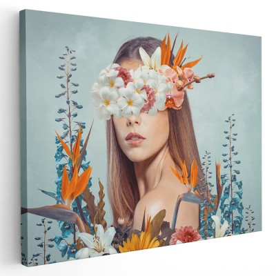 Tablou fantezie femeie cu flori pe cap si ochi, albastru 1358 Tablou canvas pe panza CU RAMA 30x40 cm foto