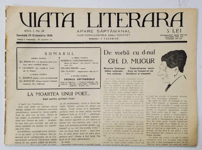 VIATA LITERARA , SAPTAMANAL , ANUL I , NR. 24, 23 OCTOMBRIE , 1926