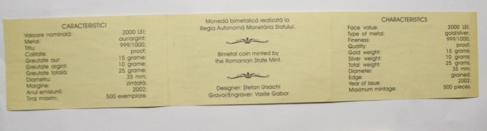 CERTIFICAT PT. MONEDA BNR DE AUR . 2000 LEI 2002 . ION HELIADE RADULESCU . #432 .