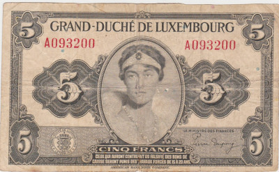 LUXEMBURG Luxembourg 5 FRANCI FRANCS ND(1944) aF foto