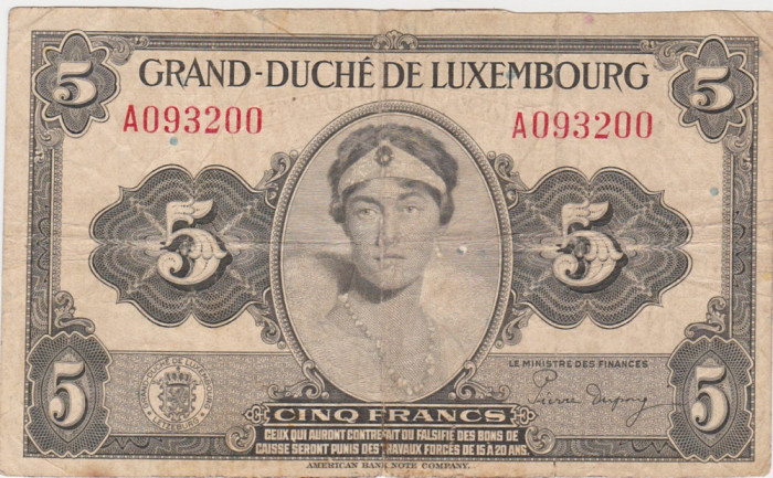 LUXEMBURG Luxembourg 5 FRANCI FRANCS ND(1944) aF