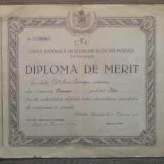 Diploma de merit Cassa Nationala de Economii si Cecuri Postale Bucuresti/ 1938