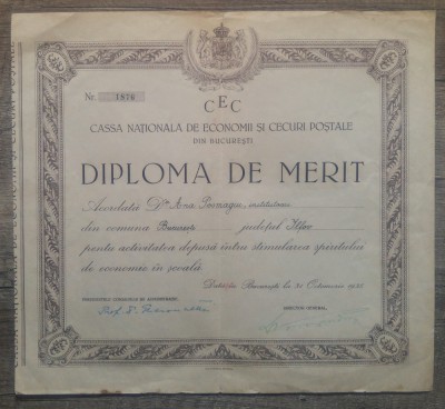 Diploma de merit Cassa Nationala de Economii si Cecuri Postale Bucuresti/ 1938 foto