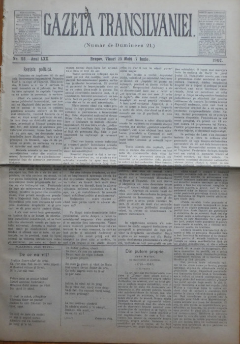 Gazeta Transilvaniei , Numer de Dumineca , Brasov , nr. 116 , 1907