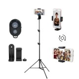 Trepied reglabil pana la 200 cm pentru telefon, suport rotativ cu prindere retractabila cu arc, telecomanda bluetooth, aluminiu si ABS