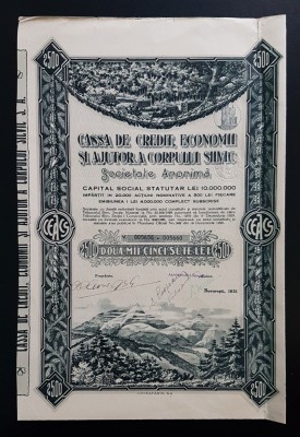 Actiune 1931 Banca / casa de credit a corpului silvic , titlu 5 actiuni nom. foto