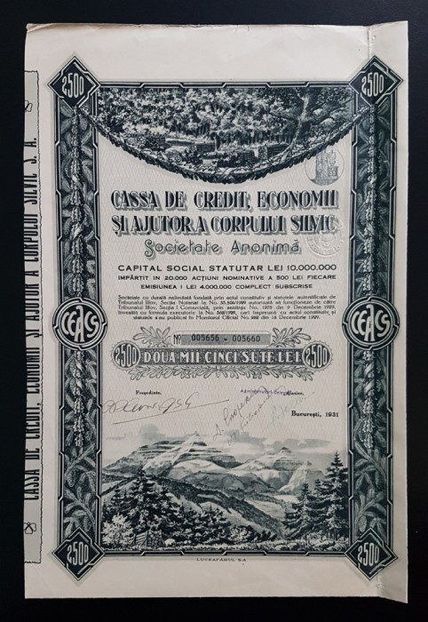 Actiune 1931 Banca / casa de credit a corpului silvic , titlu 5 actiuni nom.
