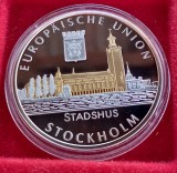 (A343) MEDALIE DIN ARGINT PLACAT CU AUR GERMANIA - SERIA METROPOLE DIN UNIUNEA EUROPEANA - STOCKHOLM - PROOF, 20 GRAME, ARGINT 999