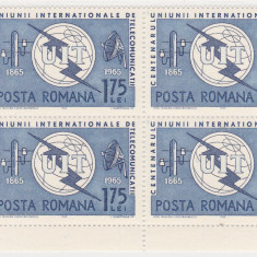 ROMANIA 1965 LP 607 CENTENARUL U. I. T. BLOC DE 4 TIMBRE MNH