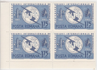 ROMANIA 1965 LP 607 CENTENARUL U. I. T. BLOC DE 4 TIMBRE MNH foto