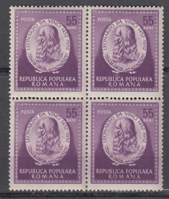 ROMANIA 1952 LP 326-500 ANI NASTEREA LUI LEONARDO DA VINCI BLOC DE 4 TIMBRE MNH