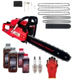 Cumpara ieftin *PACHET* 8.8cp 58cmc Drujba benzina + 3 lanturi + 2 lame + x2 ulei ungere lant 1L + x2 ulei amestec 0.5L + x2 bujii + accesorii + manusi protectie CRA