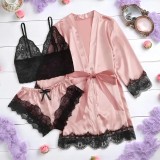 Set Pijama de Dama 3 Piese din Satin, Culoare Roz Pudra - ANI105