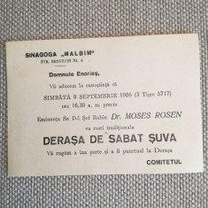 1956, Invit. Derașa de Sabat Șuva, Dr. Moses Rosen, sinagoga Malbin, București