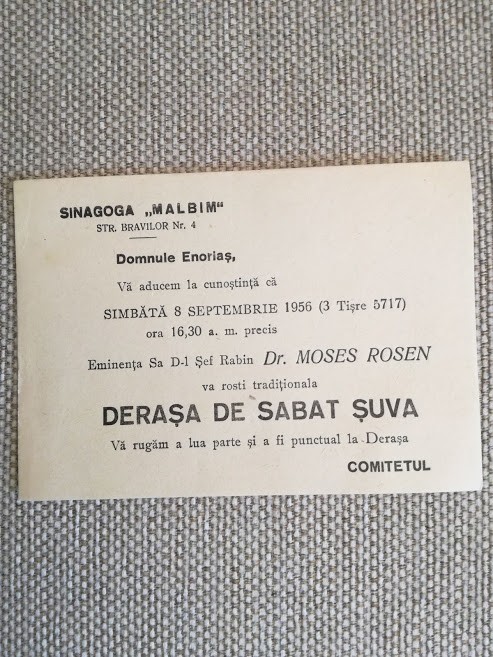 1956, Invit. Derașa de Sabat Șuva, Dr. Moses Rosen, sinagoga Malbin, București