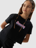 Tricou crop top din bumbac organic pentru fete - negru, 4F Sportswear