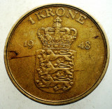 1.677 DANEMARCA FREDERIK IX 1 KRONE 1948, Europa, Bronz-Aluminiu