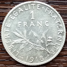 (A1048) MONEDA DIN ARGINT FRANTA - 1 FRANC 1918, SEMANATOAREA
